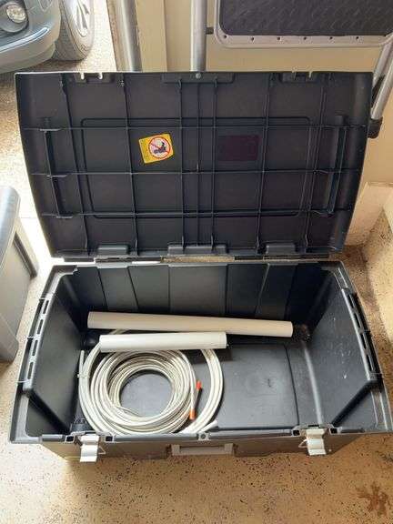 Sterilite tote on wheels and contents of PVC pipe and tubing…..includes PVC in corner BUT NOT THE WOOD image