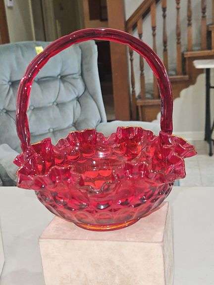 Vintage 8" Fenton Ruby Red Thumbprint Glass Handled Basket in excellent vintage condition... image