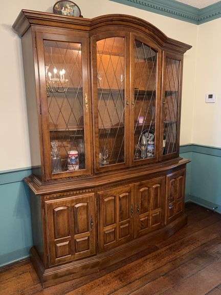 Beautiful Ethan Allen 2-piece lighted china cabinet with 2 side compartments and 3 center hidden drawers image