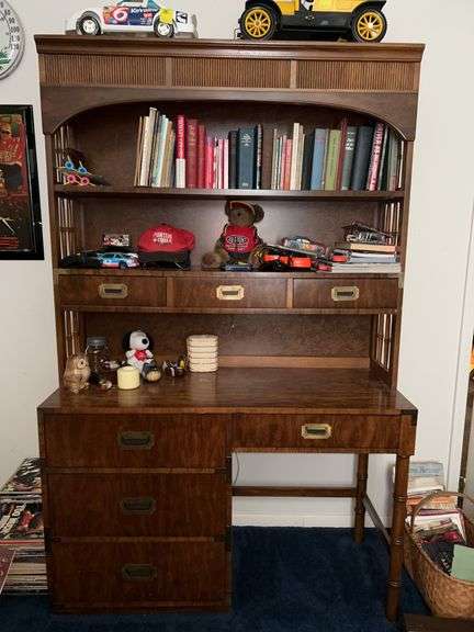 Dixie Furniture Campaign-style desk with lighted top hutch…..46 x 18-1/2 x 73 tall…..2 pieces for transport…..OTHER CONTENTS NOT INCLUDED image