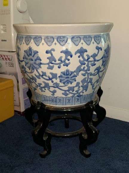 14”D x 18” tall (including stand) blue and white planter and wooden stand (stand has blemishes) image