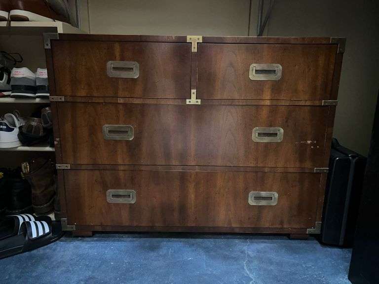 Vintage Henredon Campaign Style Chest of Drawers…..2 small top drawers and 2 full size drawers……39 x 19 x 30-1/2 tall…..CONTENTS NOT INCLUDED image