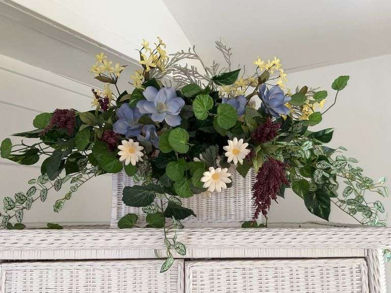 Rectangular white wicker basket with artificial florals image