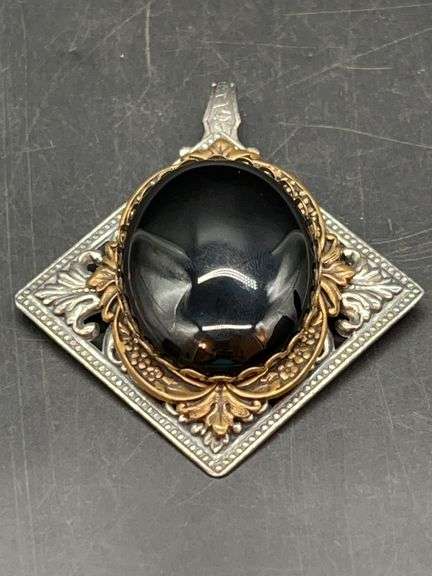 Very uniquely designed art deco pendant with large black onyx-like stone…..3-1/4” image