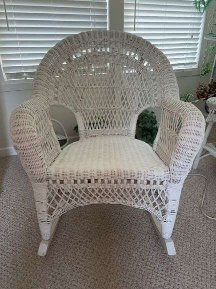 White wicker barrel style rocking chair……30-1/4 x 20 x 38 tall overall image