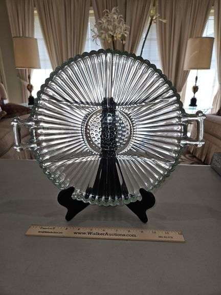 Very Collectible Vintage 12.5” Jeannette National Clear Glass 6 Section Relish Tray w/Handles in excellent vintage condition... image