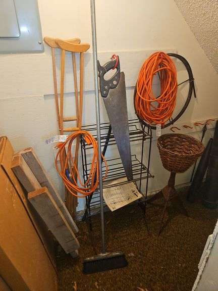 Contents of garage storage room DOES NOT INCLUDE SCREENS, RACKS HANGING ON WALL, OR THREE POWER TOOLS... image