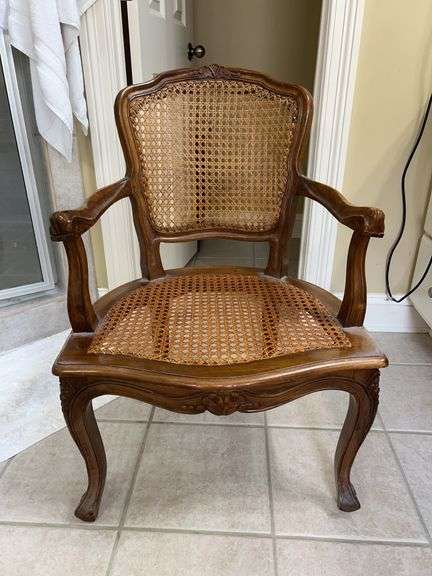 French Style Cane Back Upholstered Ball and Claw Armchair…..23 x 19 x 17 tall to seat (33-1/2 tall overall)….was being used as vanity chair…..caning is in very good condition image
