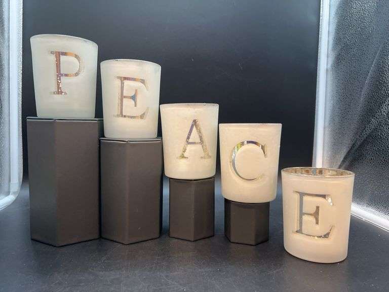 5-piece frosted Mercury glass tealight candle set that spells out “PEACE”…..each is 4” tall image