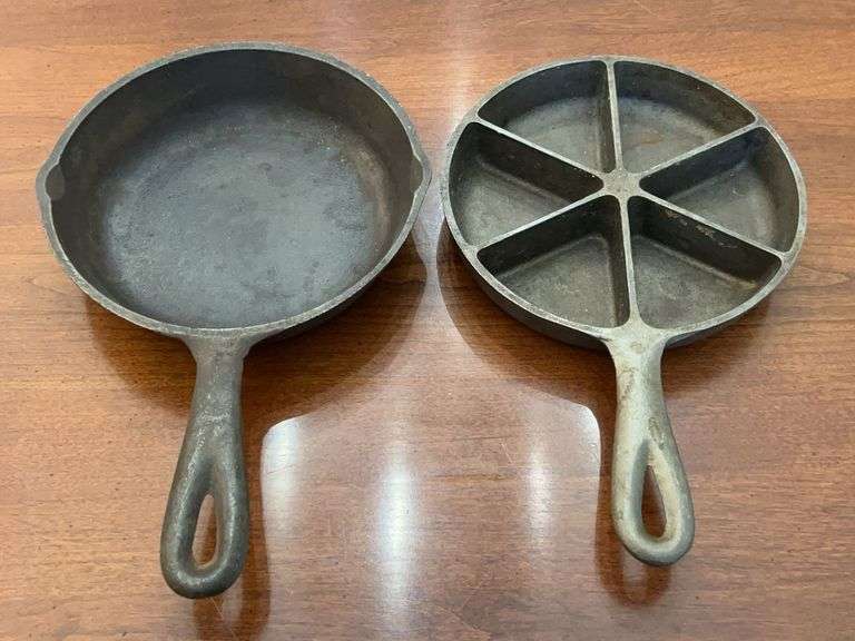 (2) cast iron pieces…..left is No. 3 6-5/8” skillet and right is 6CBS cornbread skillet image