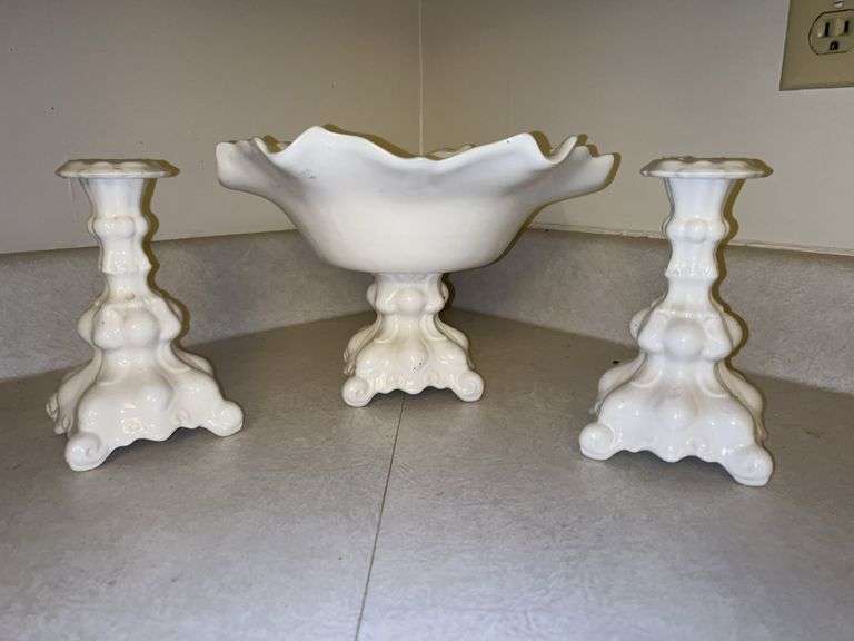 3-piece ceramic set…..compote centerpiece bowl with 2 candlesticks….all are marked N.B. Davis on bottom….compote is 10-1/2 x 9–/4 x 7-1/2 tall….candlesticks are 7” tall image