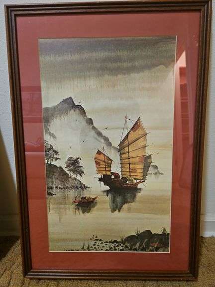 Very nicely framed 18.25 x 26.25 vintage lithograph art ppoprint titled "Boat in China River" by R.E. Russell... image