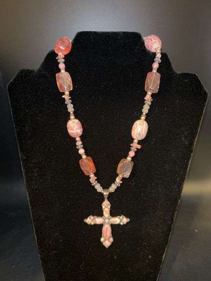 Absolutely beautiful chunky glass beaded necklace with sterling beaded cross image