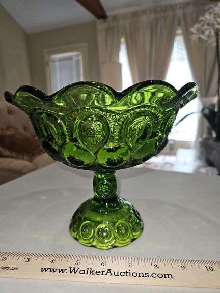 Vintage LE Smith Moon and Star Green Glass 6.75" Round Compote in excellent vintage condition... image