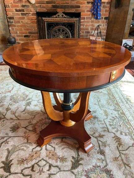 Universal Furniture LTD mahogany side table with beautiful inlaid top and brass accents….28”D x 26 tall image