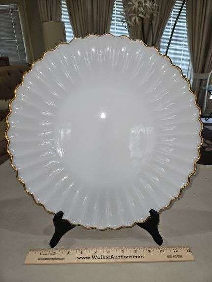 RARE FIND Vintage Anchor Hocking Large 14.5" Round Milk Glass Platter w/Ruffled Edge & 22K Gold Trim in excellent vintage condition... image