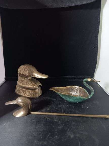3 Brass Duck decor pieces..stapler, ashtray,  snuffer image