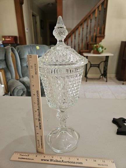Vintage Indiana Glass Diamond Point Clear Tiara Glass Apothecary Jar/Compote 15.5" in excellent vintage condition... image