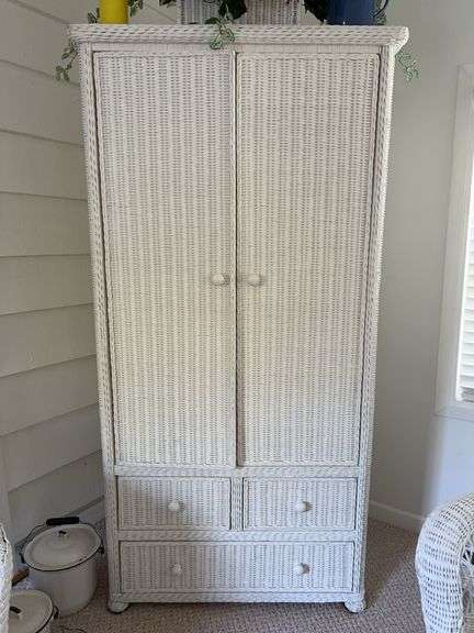 White wicker armoire/entertainment cabinet….34-1/4 x 22 x 71 tall…..cable in drawers included but VHS TAPES ARE NOT INCLUDED image