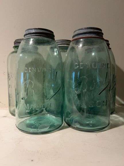 Grouping of (5) green Genuine Boyds Mason jars with zinc lids…..see pics for markings on bottom image