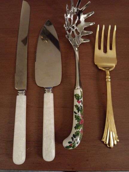 Vintage Bridal stainless cake server/knife set with faux Pearl handles..Sheffield England  and Holly berry Pasta server and a Wlm Rogers serving fork image