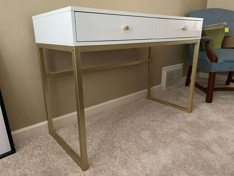 Very nice white lacquered 2-drawer desk with gold-to e metal base…..42 x 19 x 29-3/4 tall image