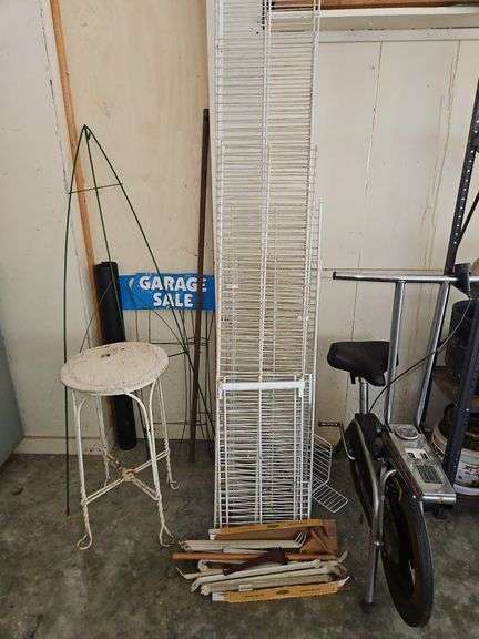 LOT of wire shelving, vintage iron plant stand, & very old exercise bike(may be good for scrap cause it's very heavy)... image