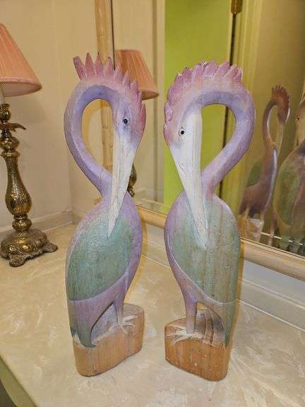 Pair of 18" tall carved wood water bird figurines from Pier 1 Imports... image