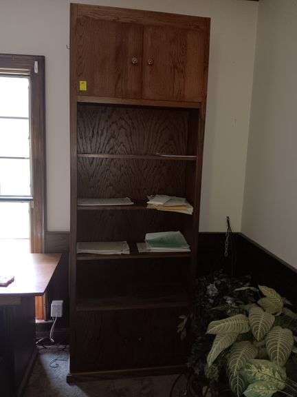 Solid oak bookshelf 34 1/2x 92 1/2 ×12 1\2 with doors image