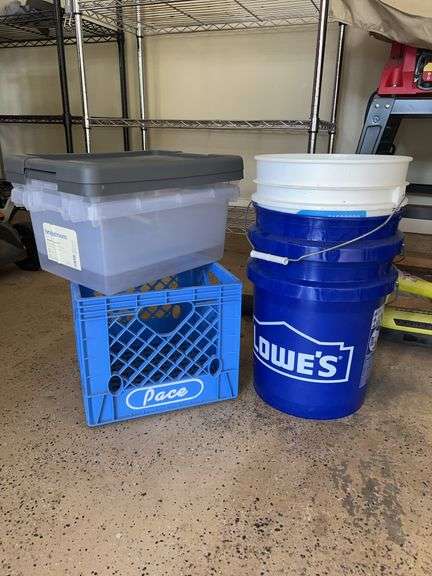 Selection of 5-gallon buckets, milk crate and 2 clear totes image