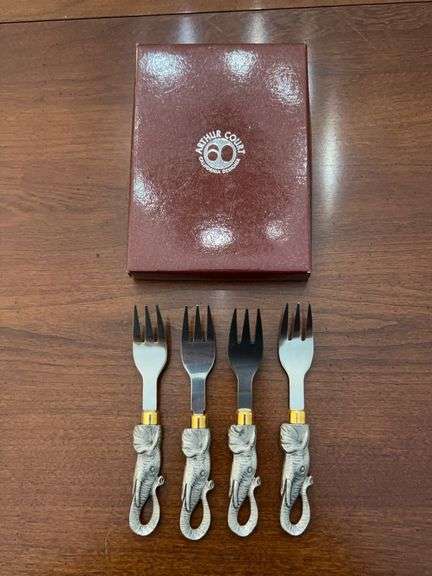 Set of (4) Vintage Arthur Court Elephant Dessert Forks in original box image