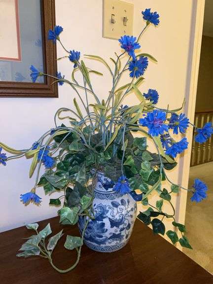 Blue & White pitcher with artificial florals image