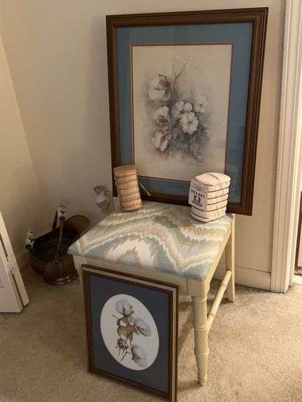 (4) pieces of cotton themed decor…..2 prints (1 by John Stevens) and 2 authentic mini bales image