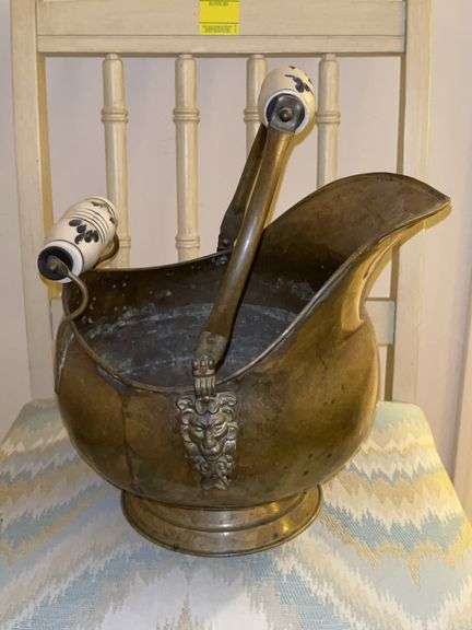 Copper ash bucket with blue/white porcelain handles image