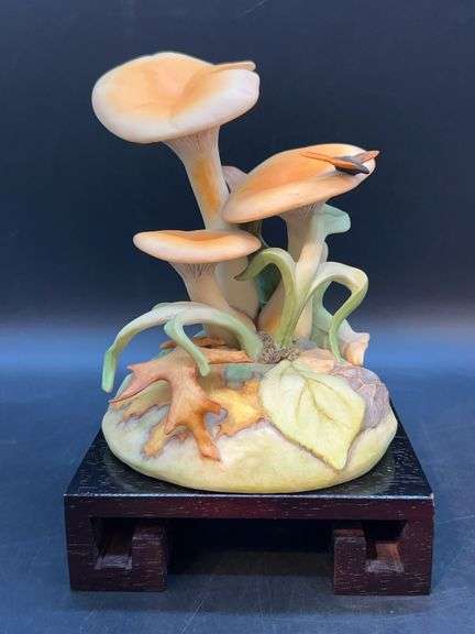 Vintage Cybis “Jack-O-Lantern-Mushroom” bisque porcelain figurine on wood base (one wing on butterfly is broken)…..5-1/2w x 8-1/4 tall image