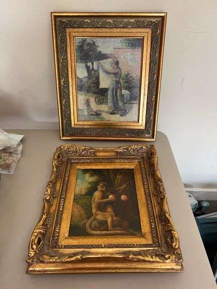 (2) oil on canvas prints in gilt frames…..top is unsigned “Woman Hanging Laundry" by Camille Pissarro and bottom is signed “Portrait of A Monkey” but can’t make out signature image