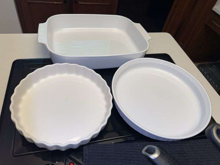 (3) pieces of white bakeware…..Corning Ware 12-1/4 x 10-1/2 x 2-1/2 casserole, Corning Ware 10-1/2” pie plate and  Pfaltzgraff 9” Quiche dishes image