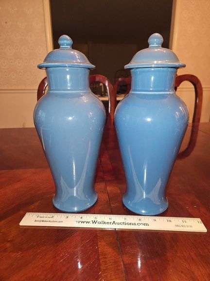 Pair of blue hyalyn vases w/lids(both have damage)... image