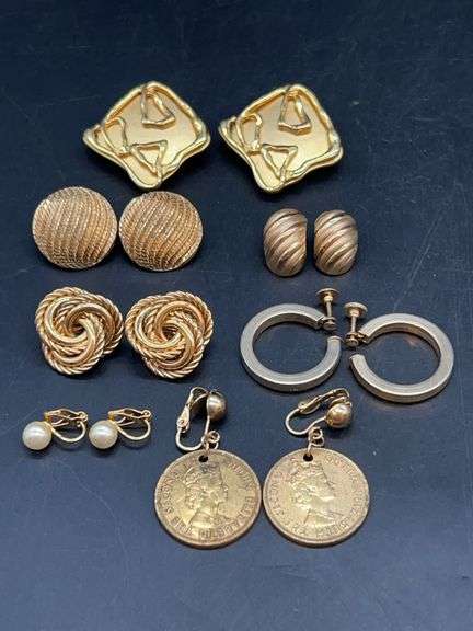 Grouping of gold tone clip on and screw back earrings…..pair with pearl-like bead are Napier…..coins are 1960 & 1962 Queen Elizabeth II 1¢ coins image
