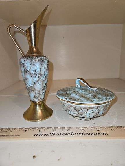 Gorgeous Vintage MCM Hand Painted Holland Blue Delftware Brass Pitcher & Candy Dish w/Lid both in excellent vintage condition... image