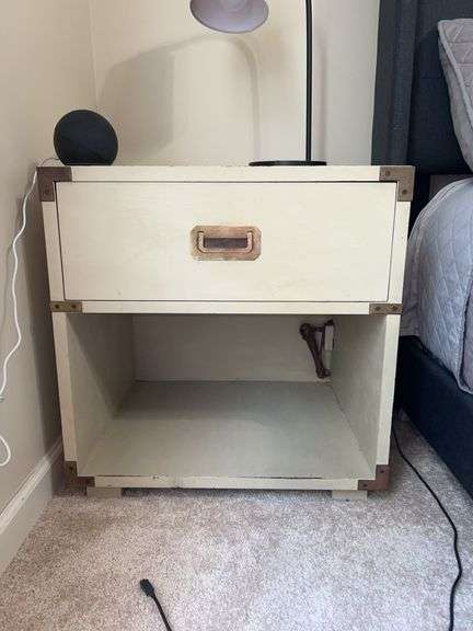 Wellington-style cream colored single drawer nightstand with brass adornments….. 22-1/4 x 18 x 22-3/4 tall…..shows normal wear and OTHER CONTENTS NOT INCLUDED image