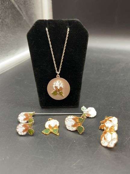 6-piece set of cotton boll jewelry…..shorter necklace, 2 pair of clip-on earrings, lapel pin, stick pin and pendant image