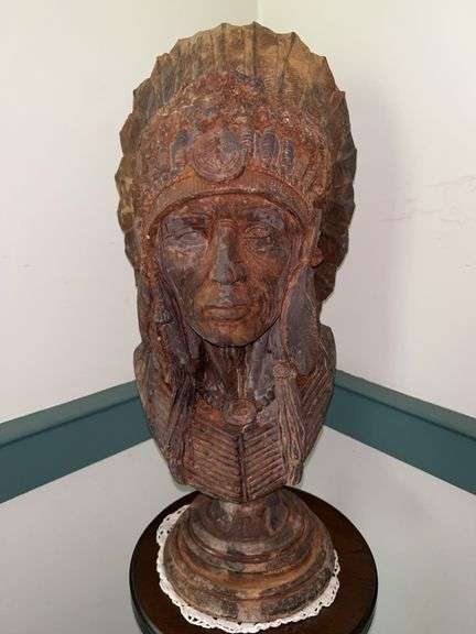 Cast Stone Native American Chief Bust…..very heavy and has great patina…..24” tall image