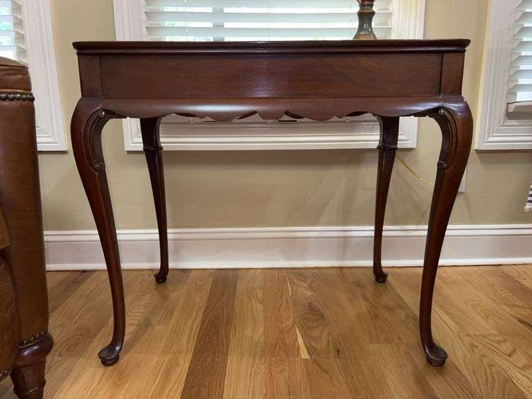 Councill Craftsman Queen Anne Cherry Tea Table with scalloped skirt and side pull-out trays……29-5/8 x 18-3/4 x 27 tall…..small spot on top image