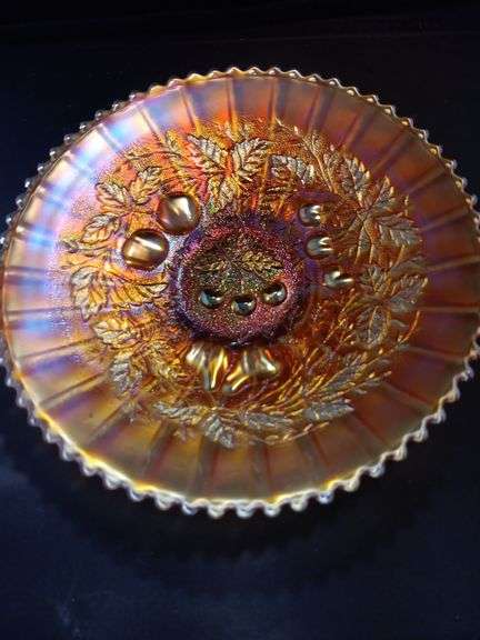 Beautiful 3 Fruits irideccent marigold carnival ribbon back 9 inch plate by Northwood 1911 image