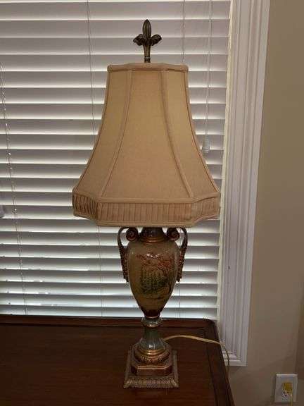 Very nice Asian-influenced ceramic and resin base table lamp with elegant shade…..27-1/2” tall image