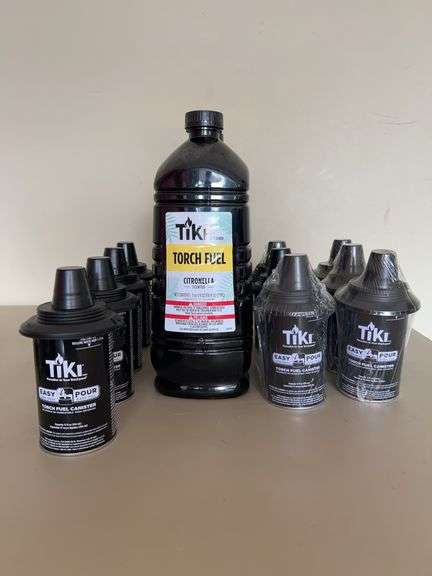 (2) unopened bottles of TIKI brand Torch Fuel (Citronella scented) and (10) NEW TIKI brand torch fuel canisters image