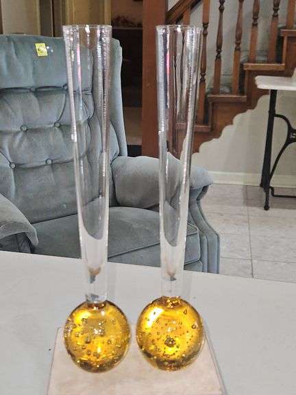 Pair of Vintage Hand Blown Controlled Bubble Base 10.25" Bud Vases... image