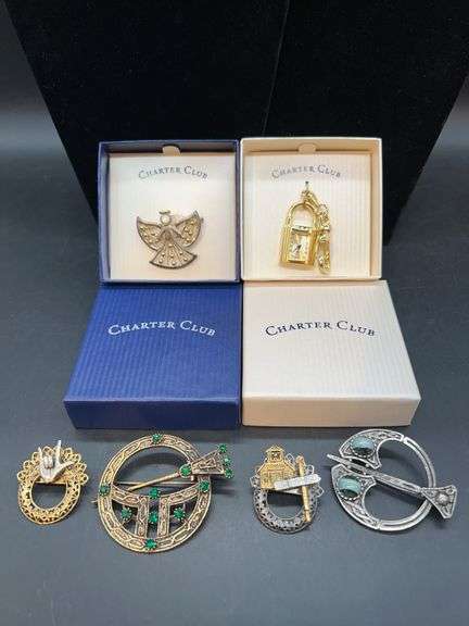 Vintage Celtic Irish Scottish Penannular Cloak Kilt Pin, Vintage Silver Tone Irish Celtic Tara Brooch Pin, sign language brooch, schoolhouse brooch and (2) Charter Club pieces image