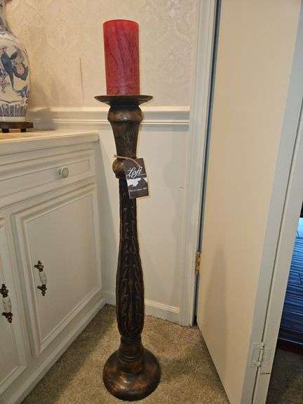 Tall 36" decorative carved wood candle holder... image